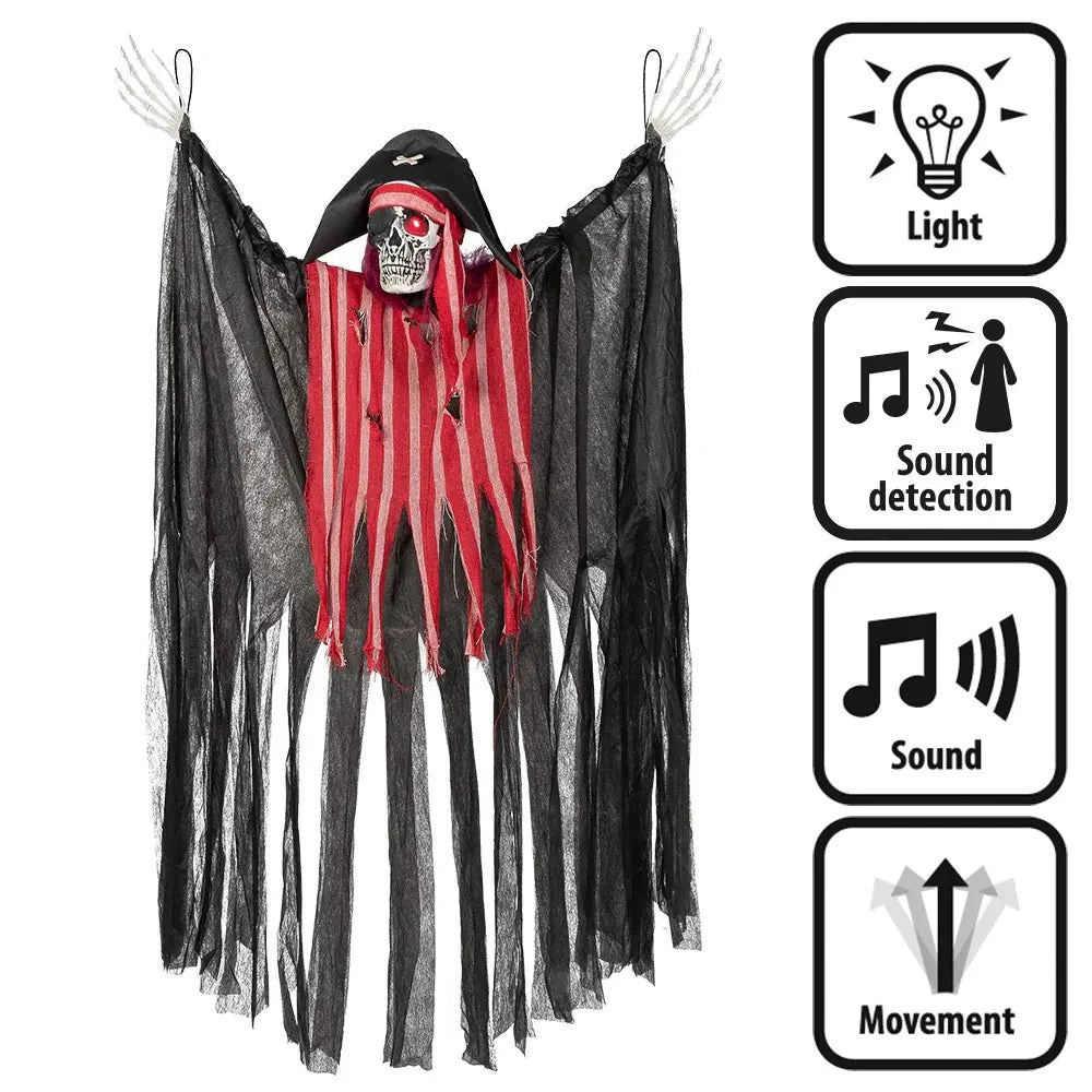 Halloween Pirat 1,6 m | Bewegliche Hängedeko mit Sound, roten Leuchtaugen und Sensor für Halloween-Partys