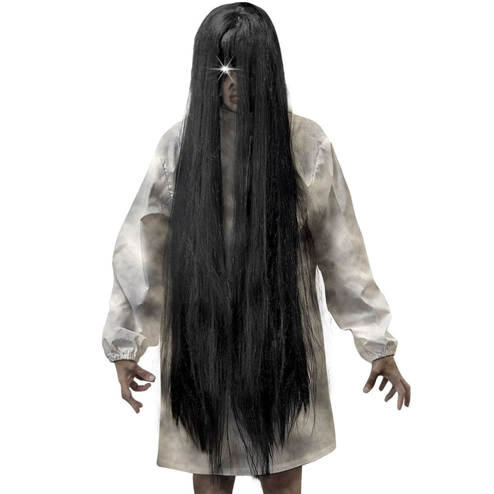 Halloween Geister Perücke Schwarz 100 cm | Extra lange Horror Perücke für Geist Kostüm, Halloween und gruselige Mottopartys