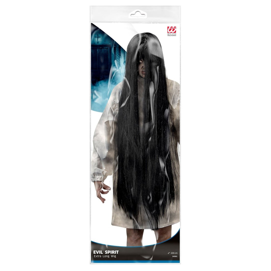 Halloween Geister Perücke Schwarz 100 cm | Extra lange Horror Perücke für Geist Kostüm, Halloween und gruselige Mottopartys