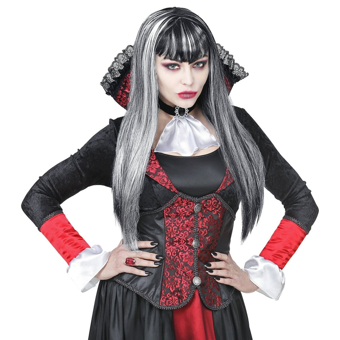 Damen Vampir Perücke Schwarz Weiß | Halloween Perücke für Vampir Kostüm, Karneval, Cosplay und gruselige Mottopartys