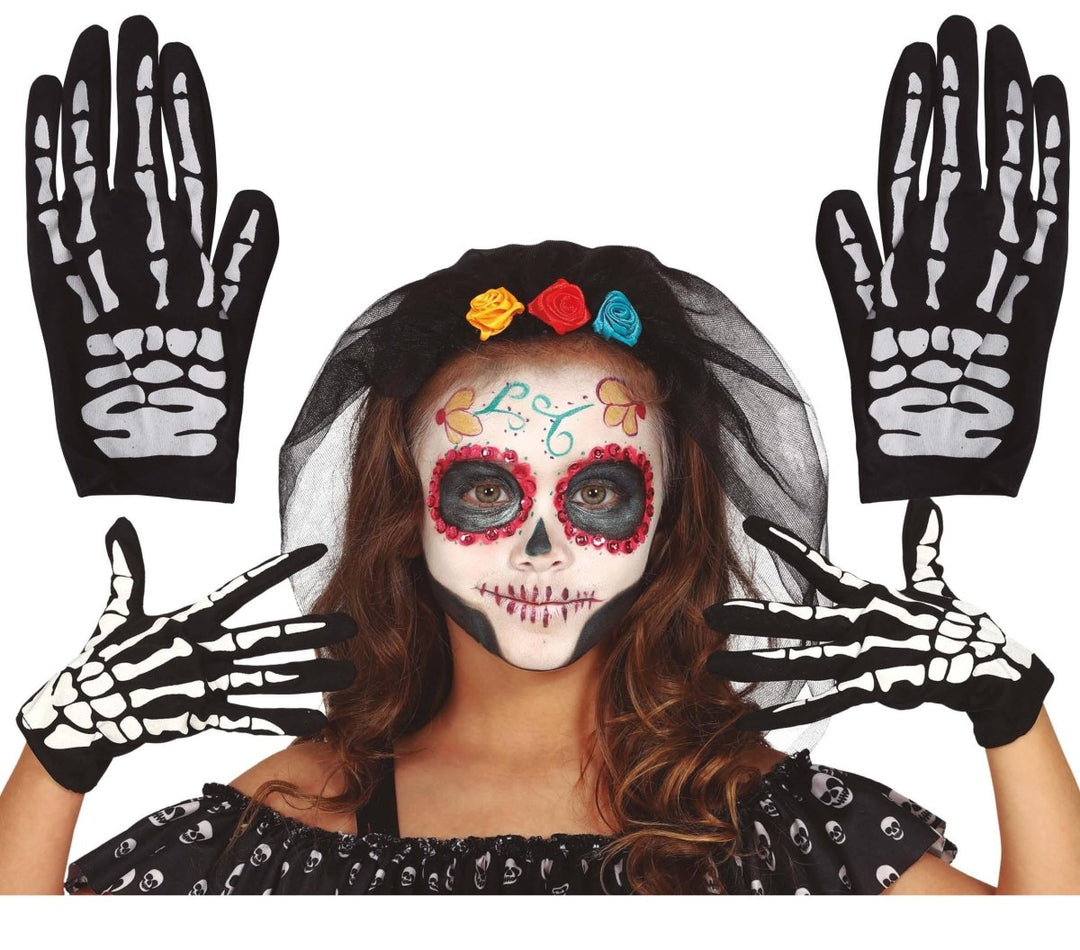 Kinder Skelett Handschuhe Schwarz Weiß 18,5 cm | Halloween Knochenhandschuhe für Skelett Kostüm und Mottopartys