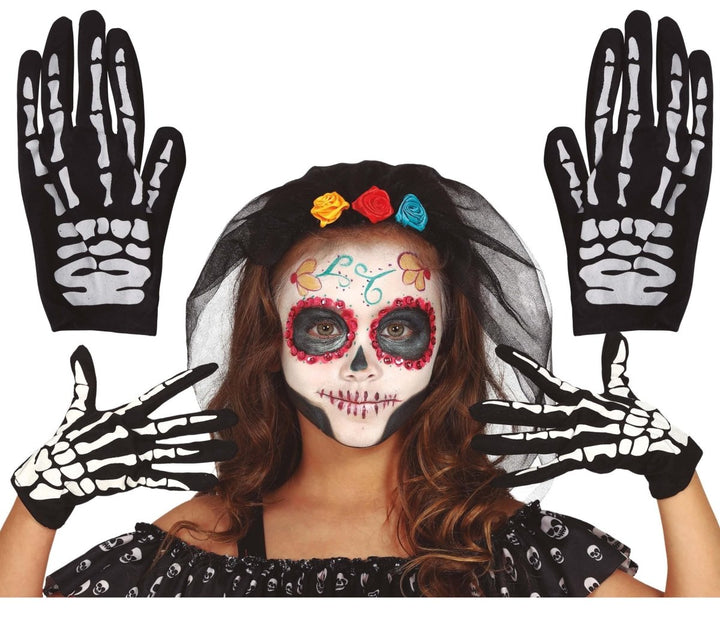 Kinder Skelett Handschuhe Schwarz Weiß 18,5 cm | Halloween Knochenhandschuhe für Skelett Kostüm und Mottopartys