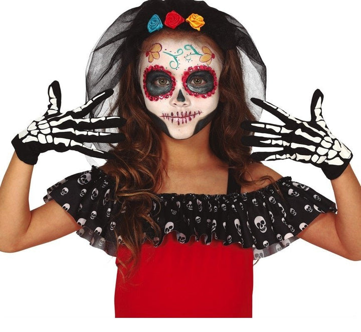 Kinder Skelett Handschuhe Schwarz Weiß 18,5 cm | Halloween Knochenhandschuhe für Skelett Kostüm und Mottopartys