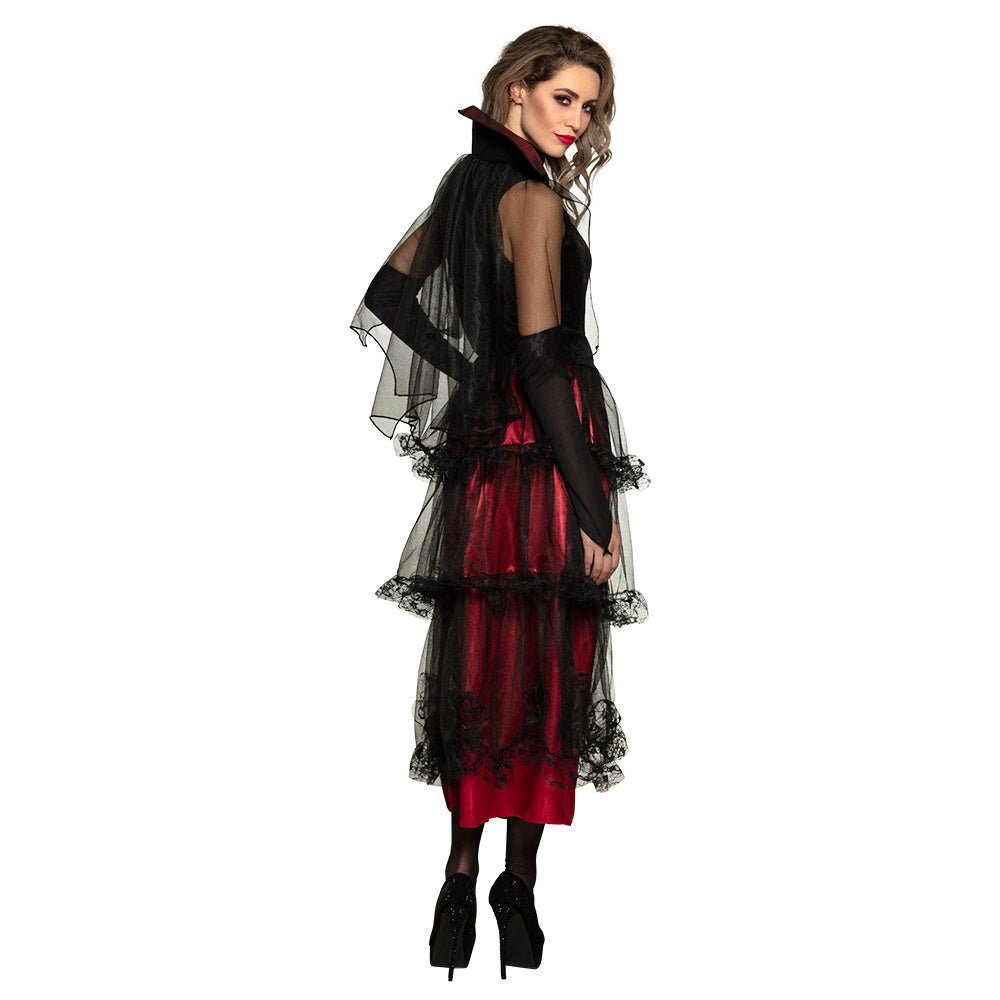Vampir Kostüm Damen | Rotes Halloween-Kostüm mit Kleid, Umhang, Halsband und Armteilen für Halloween-Partys