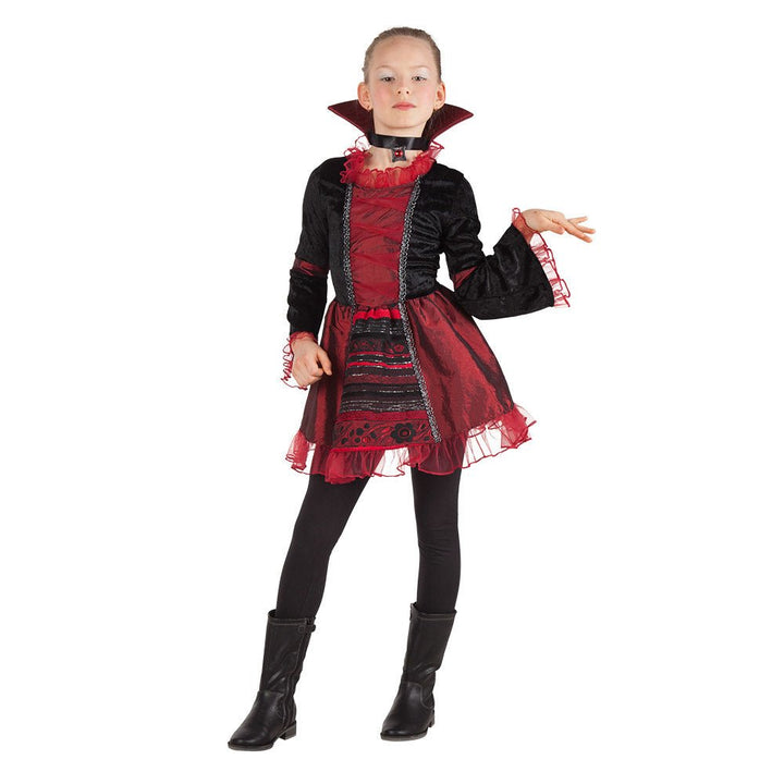 Vampir Kostüm Kinder | Rotes Halloween-Kostüm mit Kleid, Kragen und Halsband für Halloween- und Mottopartys