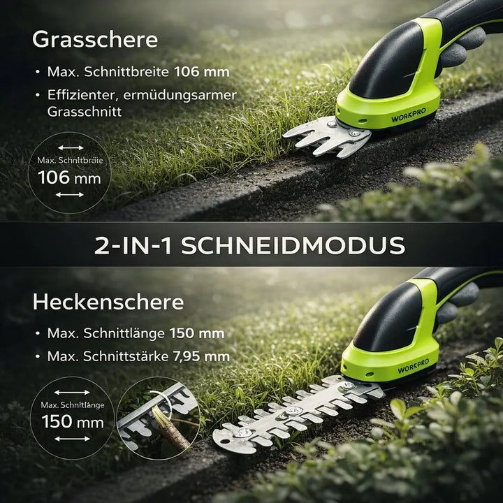 Akku Heckenschere &amp; Grasschere 2-in-1 | Wechselklingen 25 cm + 10 cm | 7,2V Li-Ion, 1100 U/min | Für Hecken &amp; Rasenkanten