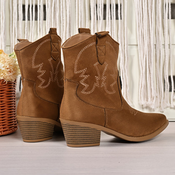 Damen Weitschaft Cowboystiefel | Westernstiefel mit Stickerei, stabilem Blockabsatz und spitzer Zehenpartie für breite Waden