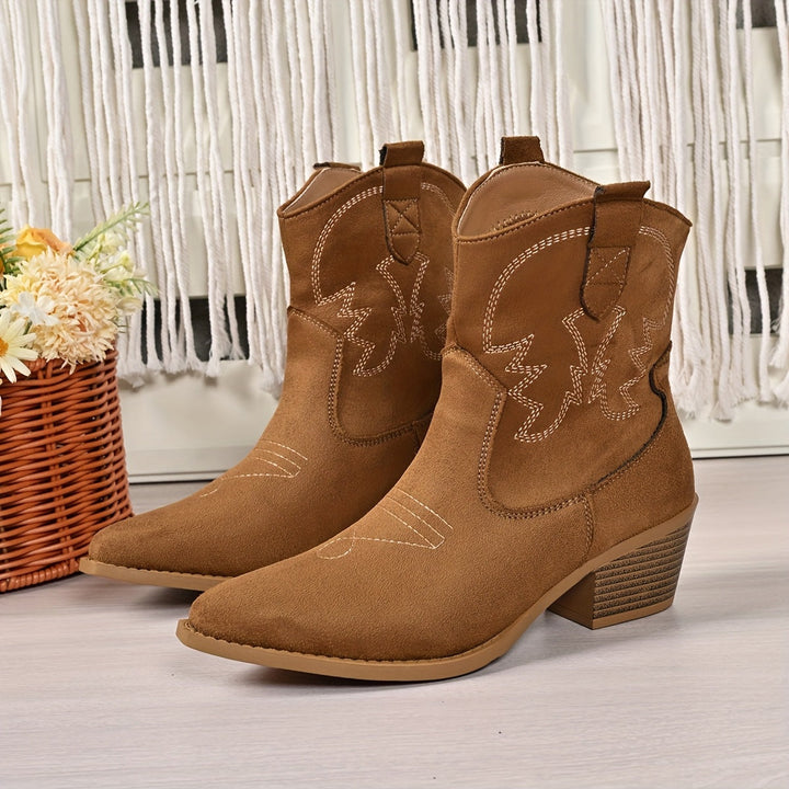 Damen Weitschaft Cowboystiefel | Westernstiefel mit Stickerei, stabilem Blockabsatz und spitzer Zehenpartie für breite Waden