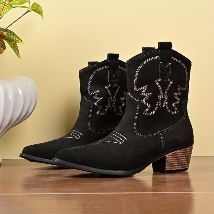 Damen Weitschaft Cowboystiefel | Westernstiefel mit Stickerei, stabilem Blockabsatz und spitzer Zehenpartie für breite Waden