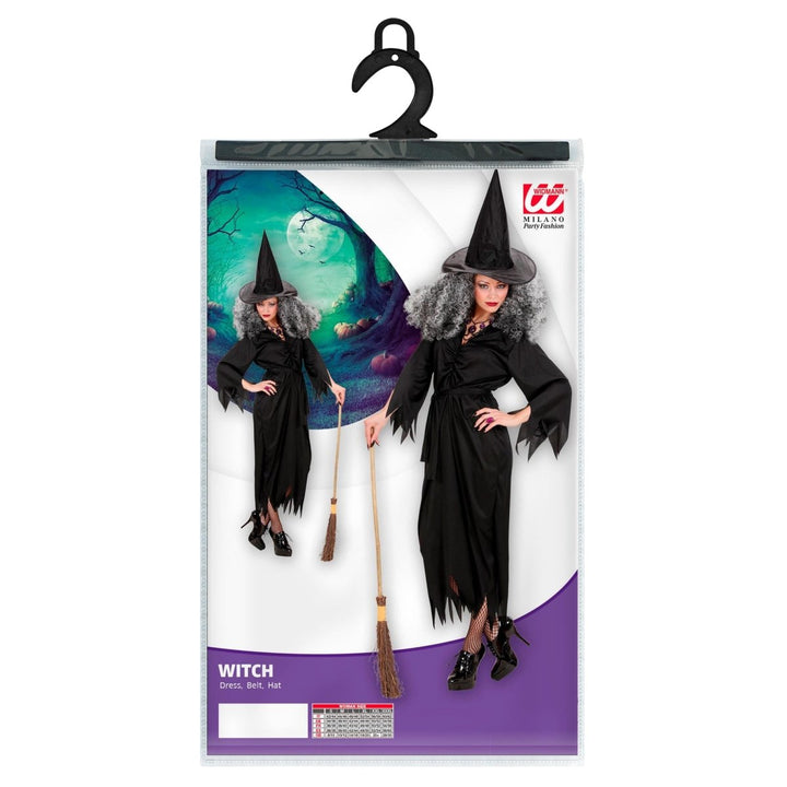 Hexenkostüm Damen 3-teilig | Schwarzes Halloween-Kostüm mit Kleid, Gürtel und Hexenhut für Halloween-Partys