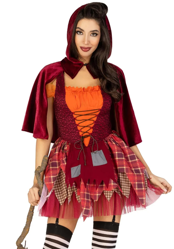 Hexenkostüm Damen 2-teilig | Halloween-Kostüm mit Patchwork-Kleid, Schnürung und Kapuzenumhang für Mottopartys