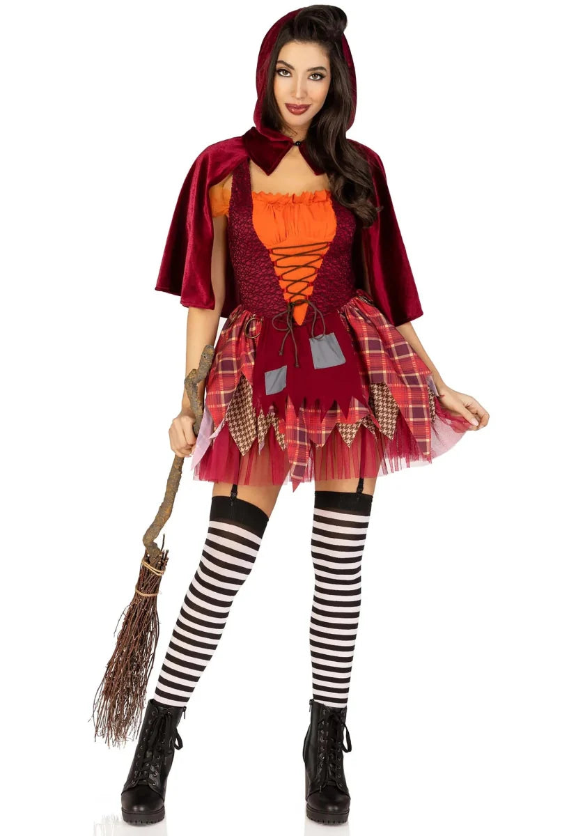 Hexenkostüm Damen 2-teilig | Halloween-Kostüm mit Patchwork-Kleid, Schnürung und Kapuzenumhang für Mottopartys