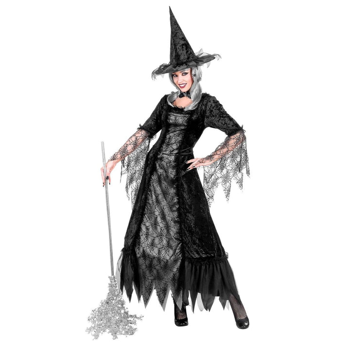 Hexenkostüm Damen | Schwarz-graues Halloween-Kostüm im Spinnennetz-Look mit Kleid und Hexenhut für Halloween-Partys