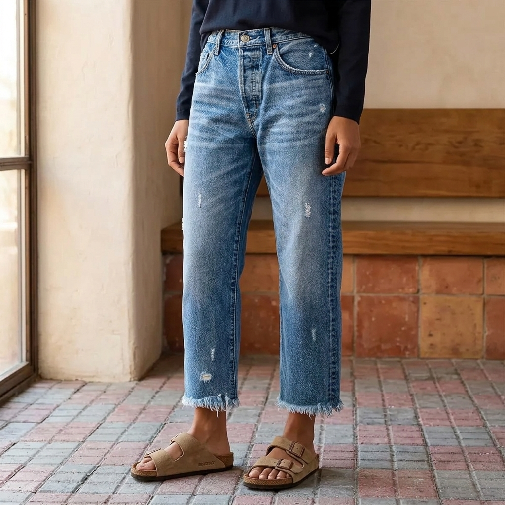 Damen Cropped Jeans | Retro-Jeans mit geradem Bein und Fransen