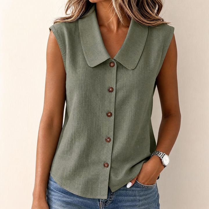 Damen Sommertop | Ärmellose Bluse mit V-Ausschnitt, Kragen, Knopfleiste und lockerem Schnitt für warme Tage