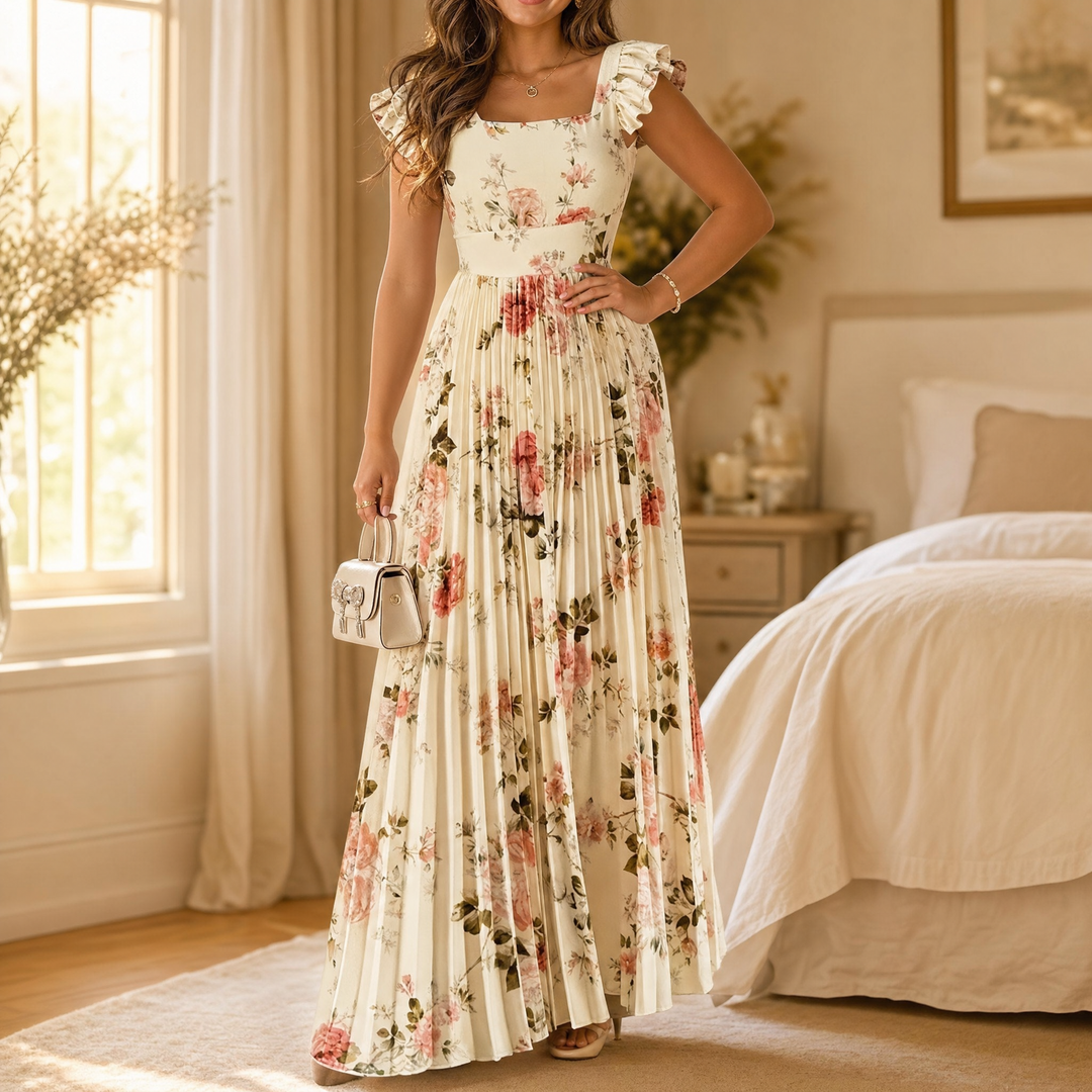 Damen Maxikleid floral plissiert | Quadratischer Ausschnitt &amp; Rüschenärmel | Hohe Taille für schmeichelnde Silhouette