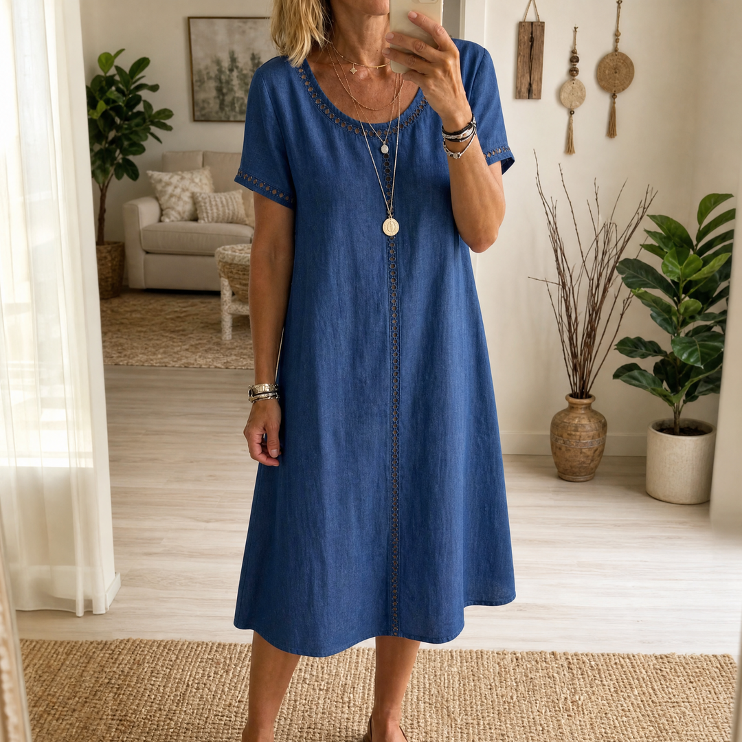 Abito midi da donna in lino con ricamo a occhiello | Linea A, leggero e morbido | 70% cotone, 30% lino, abito estivo