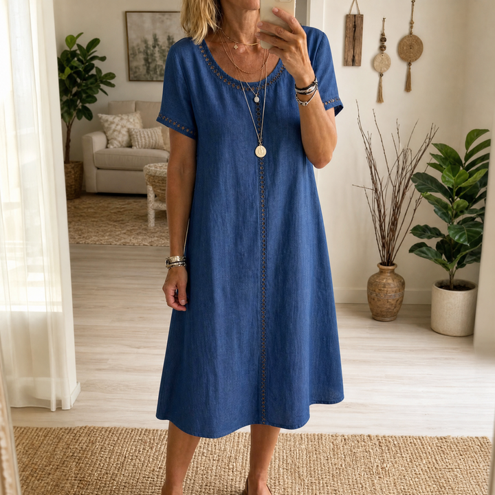Abito midi da donna in lino con ricamo a occhiello | Linea A, leggero e morbido | 70% cotone, 30% lino, abito estivo