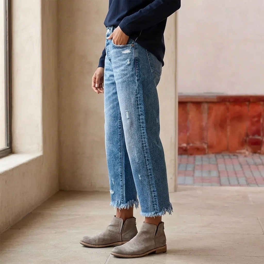 Damen Cropped Jeans | Retro-Jeans mit geradem Bein und Fransen