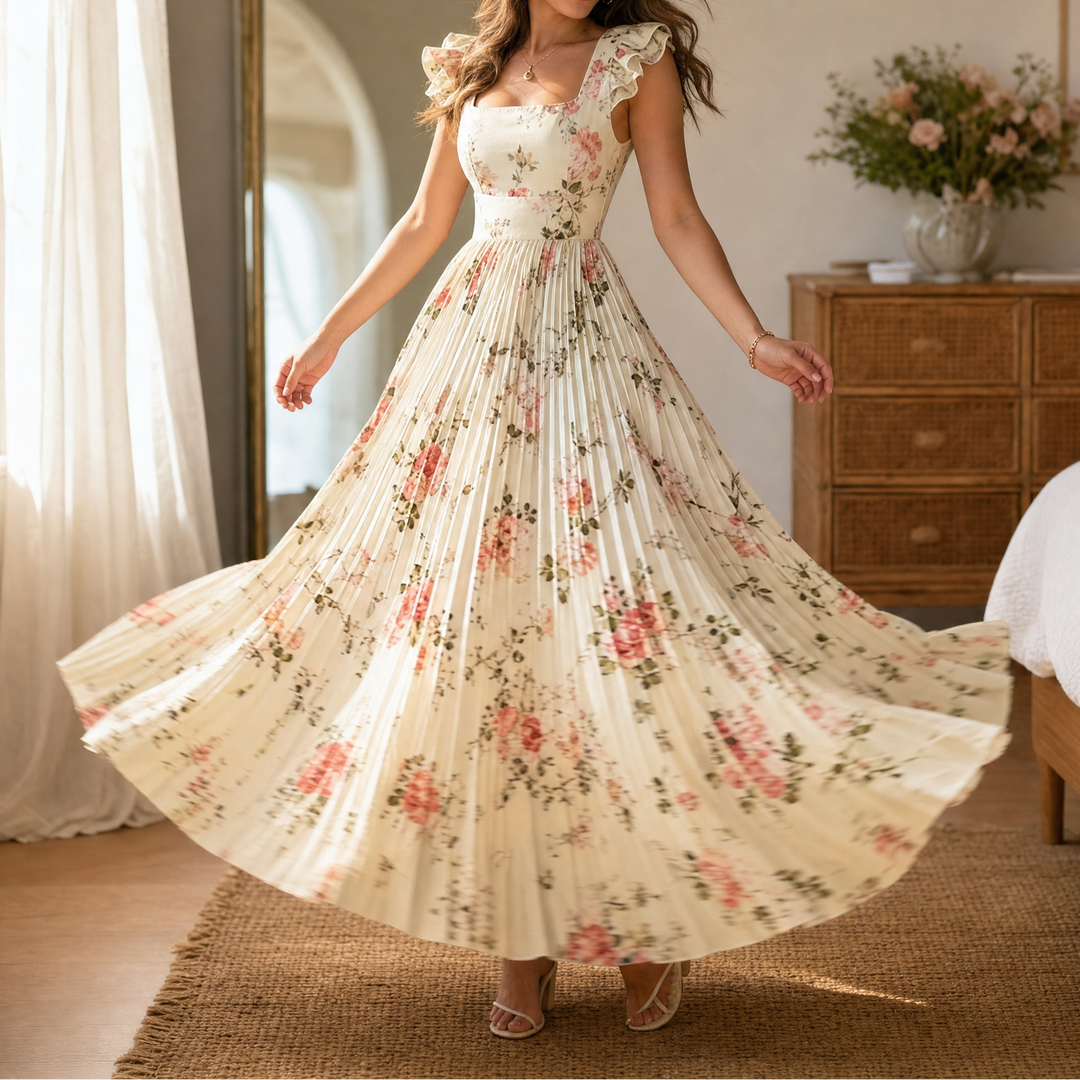 Damen Maxikleid floral plissiert | Quadratischer Ausschnitt &amp; Rüschenärmel | Hohe Taille für schmeichelnde Silhouette