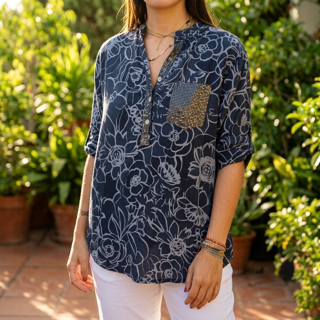 Damen Blumenbluse | Lockere Tunika mit Pailletten-Brusttasche, Henley-Ausschnitt und 3/4-Ärmeln