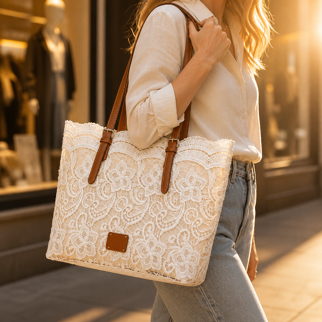 Damen Schultertasche mit Blumenmuster-Spitze | Geräumige Tote Bag mit verstellbaren Trägern &amp; Magnetverschluss