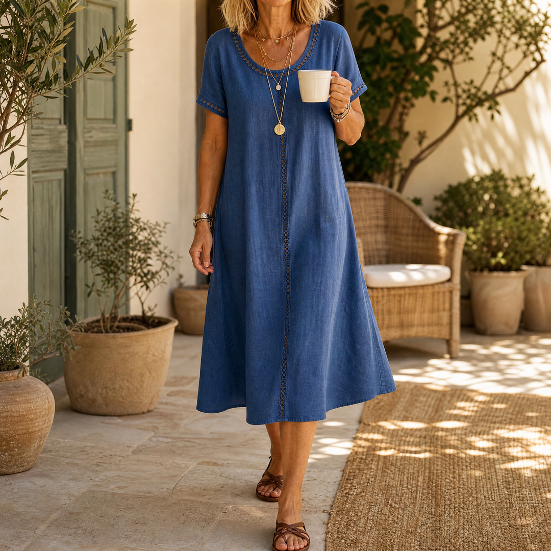 Abito midi da donna in lino con ricamo a occhiello | Linea A, leggero e morbido | 70% cotone, 30% lino, abito estivo