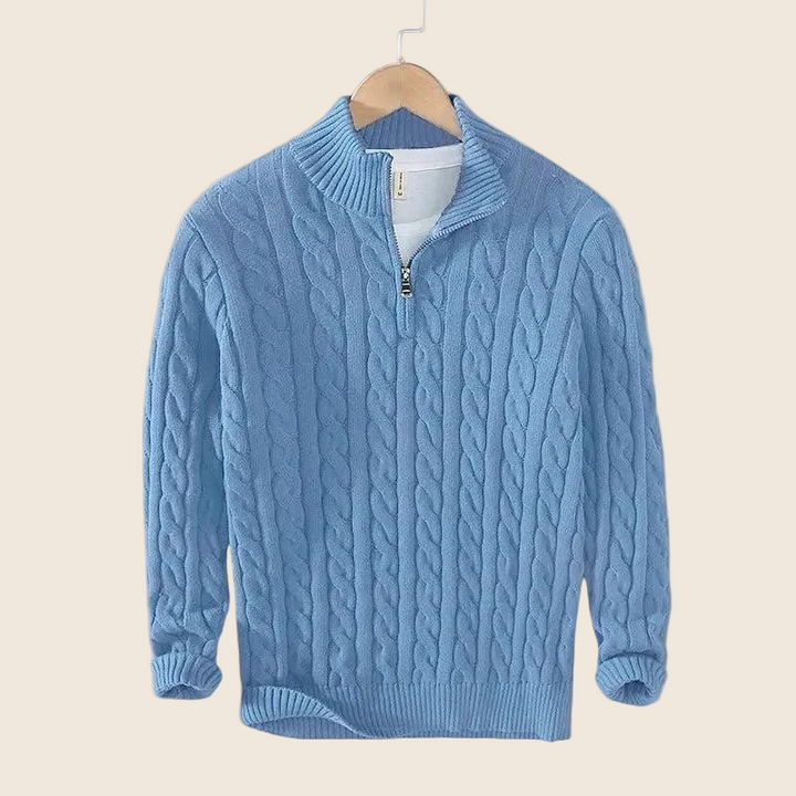 Herren Strickpullover mit Zopfmuster und Stehkragen | Warmer Pullover mit kurzem Reißverschluss, gerippten Bündchen und geradem Schnitt