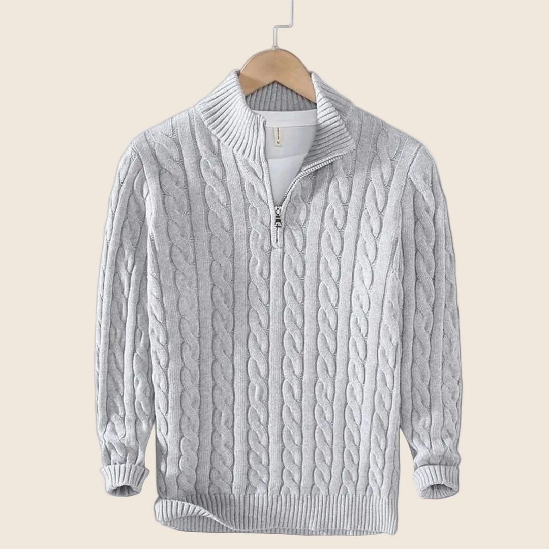 Herren Strickpullover mit Zopfmuster und Stehkragen | Warmer Pullover mit kurzem Reißverschluss, gerippten Bündchen und geradem Schnitt