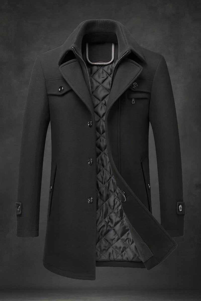 Herren Wollmantel aus 100 % Naturwolle mit Doppelkragen | Schmal geschnittener Wintermantel mit Steppfutter und Knopfleiste