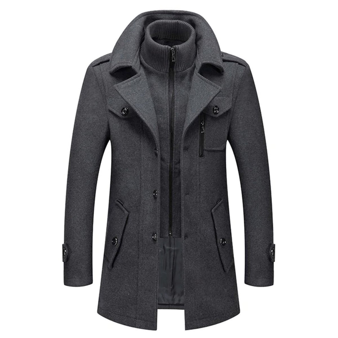 Herren Slim-Fit Wollmantel mit abnehmbarem Strickkragen | Zweiteiliger Wintermantel mit Knopfverschluss, Reißverschluss und Seitentaschen