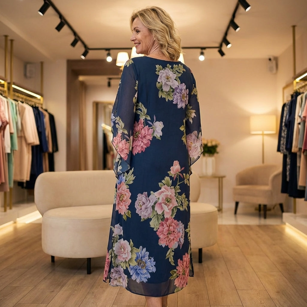 Yael Maxikleid mit Blumenmuster | Tiefblauer Grund, romantischer Floral-Print | Locker fallend mit Schlitzärmeln | Leicht &amp; luftig
