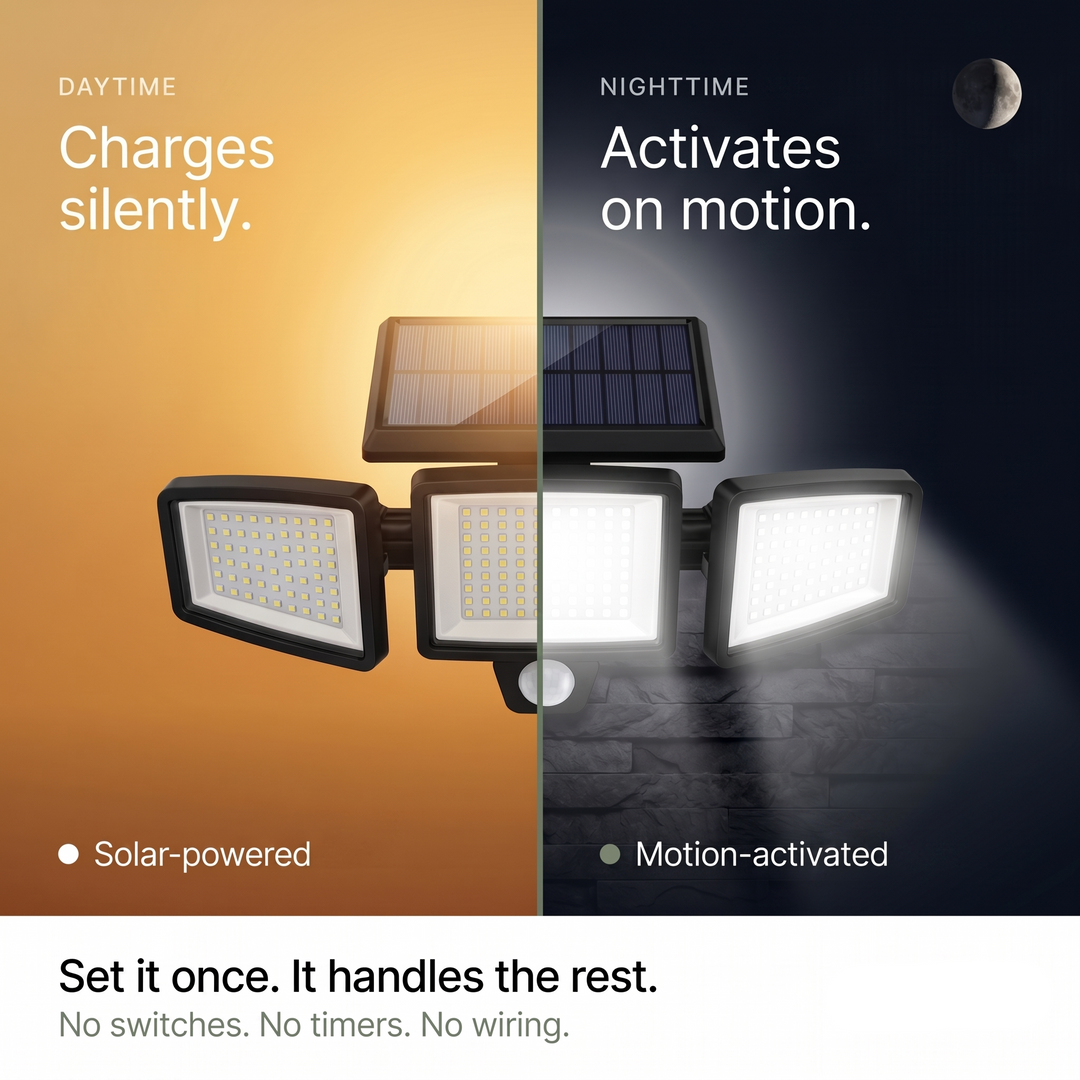 Solar-Außenleuchte mit Bewegungsmelder 270° | 3 Verstellbare LED-Köpfe | Fernbedienung &amp; IP65 Wasserdicht