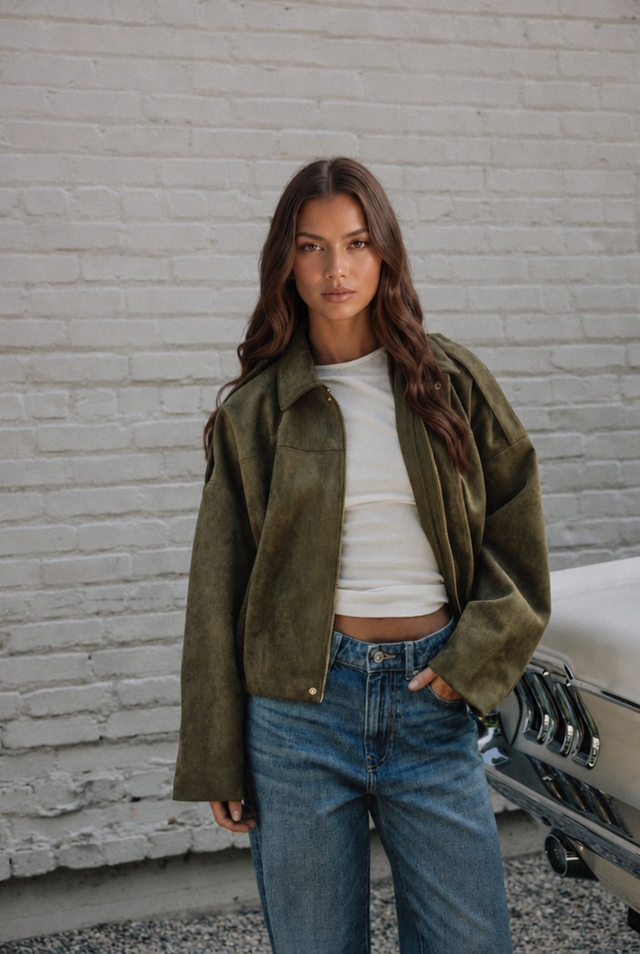 Damen kurze Oversize-Jacke mit Umlegekragen | Kastige Jacke mit Reißverschluss, weiten Ärmeln und matt gebürsteter Oberfläche