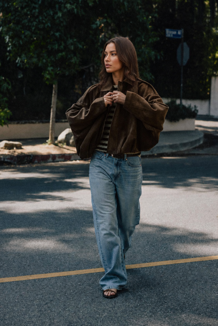 Damen kurze Oversize-Jacke mit Umlegekragen | Kastige Jacke mit Reißverschluss, weiten Ärmeln und matt gebürsteter Oberfläche