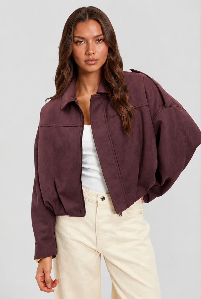Damen kurze Oversize-Jacke mit Umlegekragen | Kastige Jacke mit Reißverschluss, weiten Ärmeln und matt gebürsteter Oberfläche