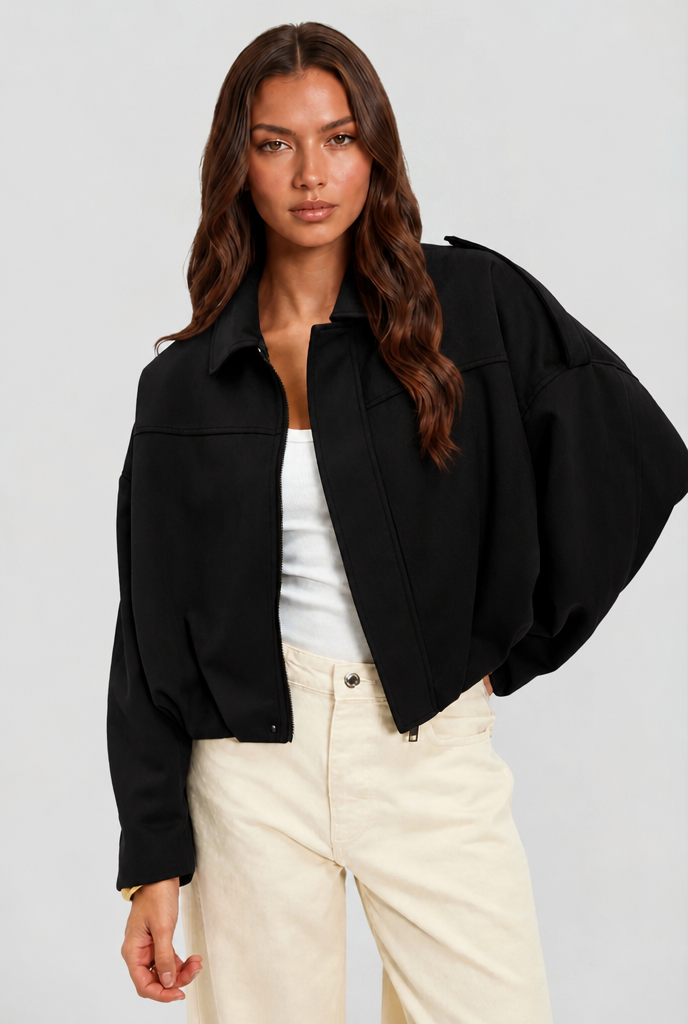 Damen kurze Oversize-Jacke mit Umlegekragen | Kastige Jacke mit Reißverschluss, weiten Ärmeln und matt gebürsteter Oberfläche