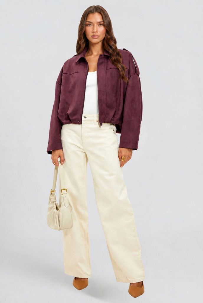Damen kurze Oversize-Jacke mit Umlegekragen | Kastige Jacke mit Reißverschluss, weiten Ärmeln und matt gebürsteter Oberfläche