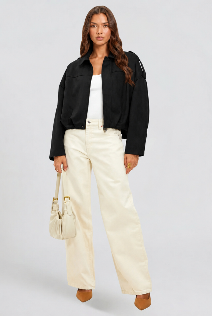 Damen kurze Oversize-Jacke mit Umlegekragen | Kastige Jacke mit Reißverschluss, weiten Ärmeln und matt gebürsteter Oberfläche