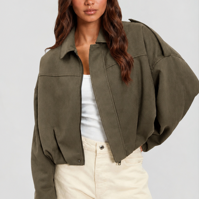 Damen kurze Oversize-Jacke mit Umlegekragen | Kastige Jacke mit Reißverschluss, weiten Ärmeln und matt gebürsteter Oberfläche