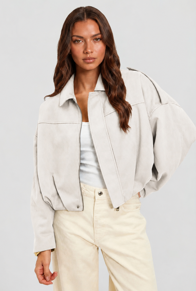 Damen kurze Oversize-Jacke mit Umlegekragen | Kastige Jacke mit Reißverschluss, weiten Ärmeln und matt gebürsteter Oberfläche