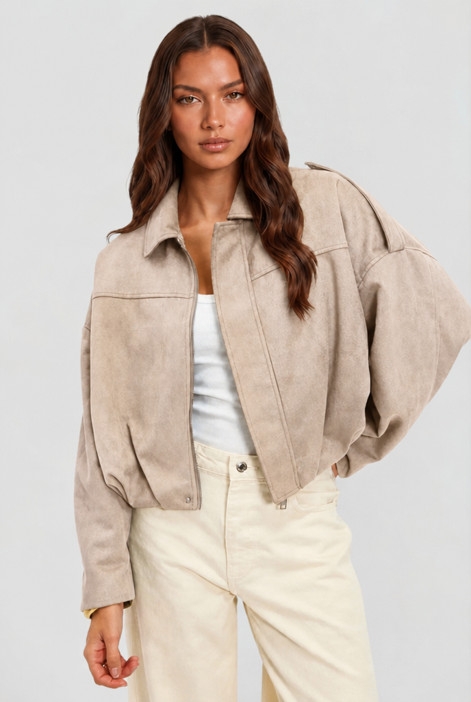 Damen kurze Oversize-Jacke mit Umlegekragen | Kastige Jacke mit Reißverschluss, weiten Ärmeln und matt gebürsteter Oberfläche