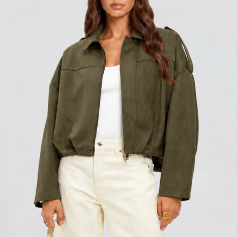 Damen kurze Oversize-Jacke mit Umlegekragen | Kastige Jacke mit Reißverschluss, weiten Ärmeln und matt gebürsteter Oberfläche