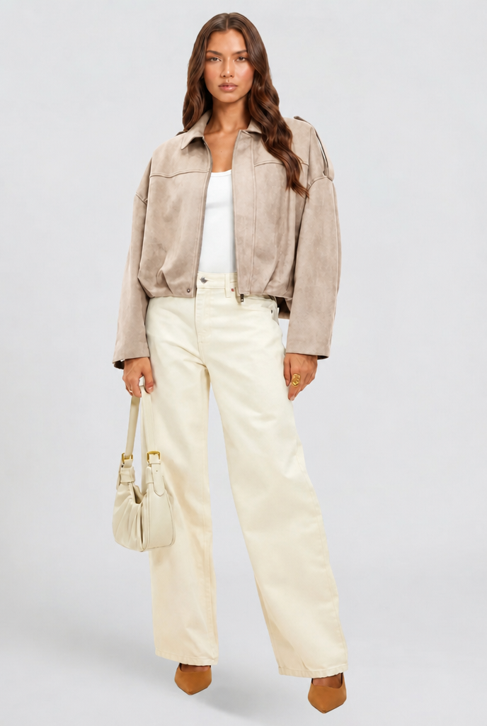 Damen kurze Oversize-Jacke mit Umlegekragen | Kastige Jacke mit Reißverschluss, weiten Ärmeln und matt gebürsteter Oberfläche
