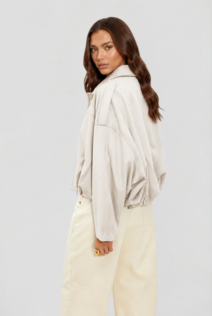 Damen kurze Oversize-Jacke mit Umlegekragen | Kastige Jacke mit Reißverschluss, weiten Ärmeln und matt gebürsteter Oberfläche