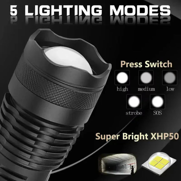 Taktische LED-Taschenlampe mit 90.000 Lumen | IP65 wasserdicht &amp; Zoom-Fokus | Robustes Outdoor-Design