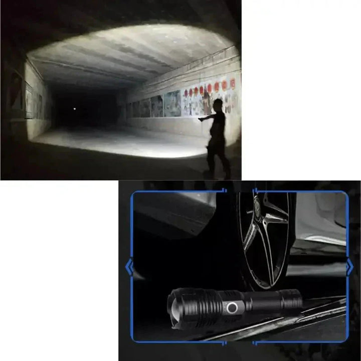 Taktische LED-Taschenlampe mit 90.000 Lumen | IP65 wasserdicht &amp; Zoom-Fokus | Robustes Outdoor-Design