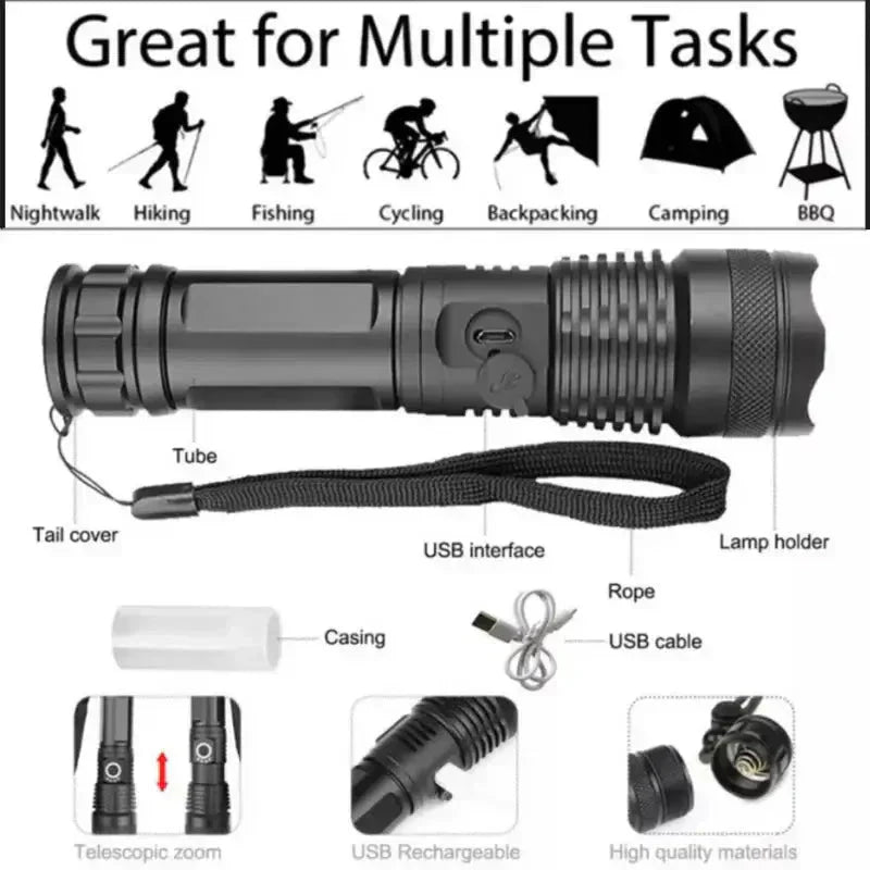 Taktische LED-Taschenlampe mit 90.000 Lumen | IP65 wasserdicht &amp; Zoom-Fokus | Robustes Outdoor-Design