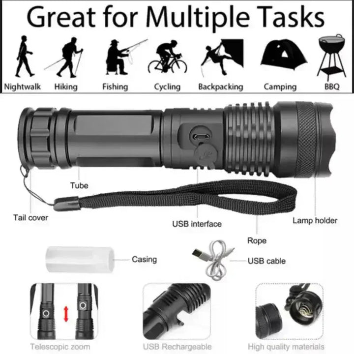 Taktische LED-Taschenlampe mit 90.000 Lumen | IP65 wasserdicht &amp; Zoom-Fokus | Robustes Outdoor-Design