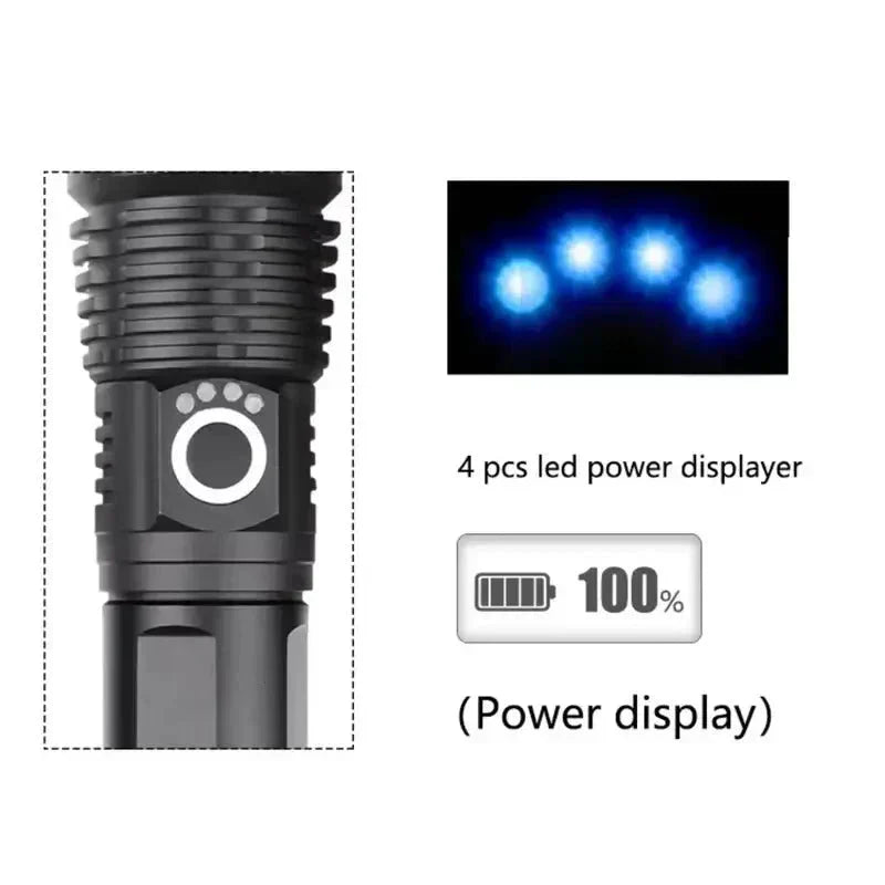 Taktische LED-Taschenlampe mit 90.000 Lumen | IP65 wasserdicht &amp; Zoom-Fokus | Robustes Outdoor-Design